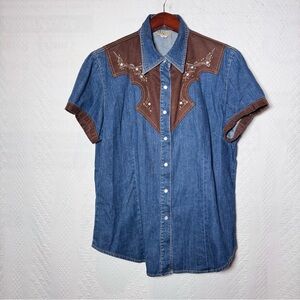 Lawman Western Women's Denim Snap Faux Leather beaded shirt Size XL